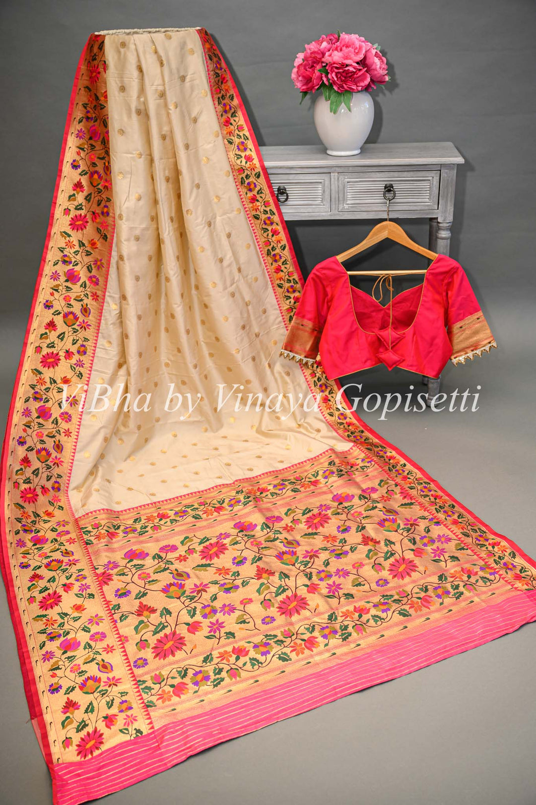 Butter Cream And Dark Pink Banarasi Katan Silk Saree And Blouse With Paithani Borders and Pallu