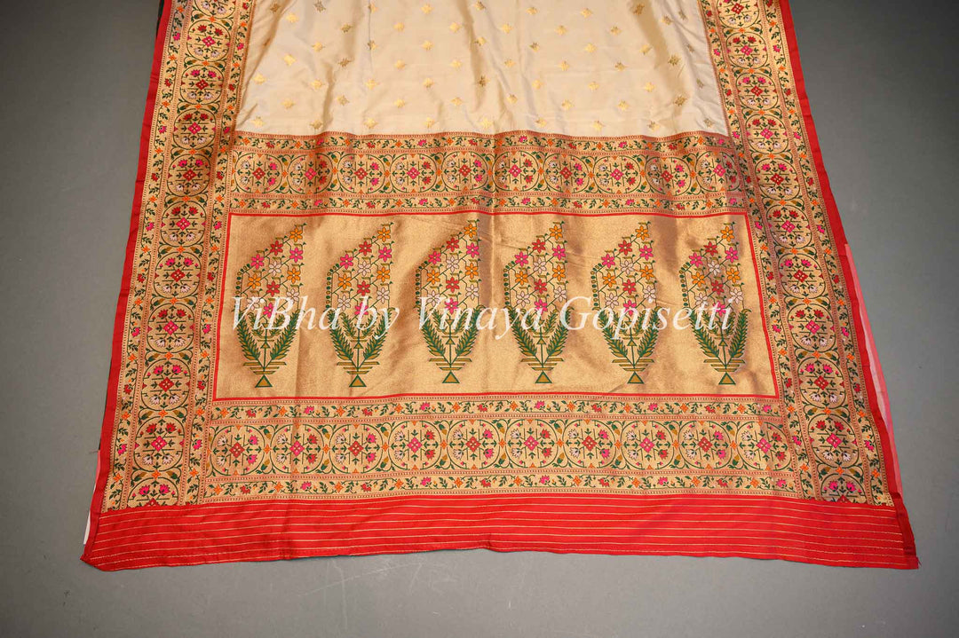 Butter Cream And Dark Red Banarasi Katan Silk Saree And Blouse With Paithani Borders and Pallu.