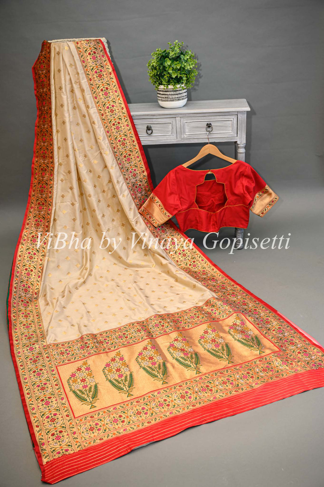 Butter Cream And Dark Red Banarasi Katan Silk Saree And Blouse With Paithani Borders and Pallu.