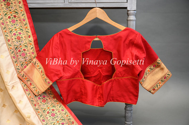 Butter Cream And Dark Red Banarasi Katan Silk Saree And Blouse With Paithani Borders and Pallu.