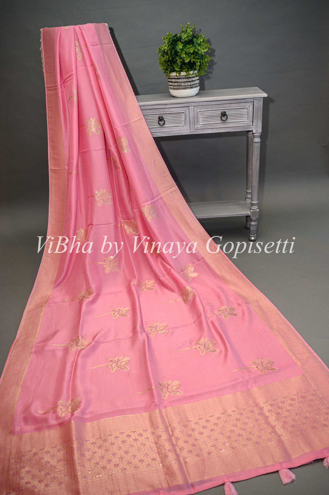 Pink Banarasi Silk Saree And Blouse With Flower Motifs