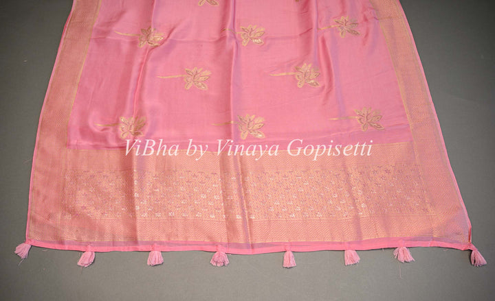 Pink Banarasi Silk Saree And Blouse With Flower Motifs