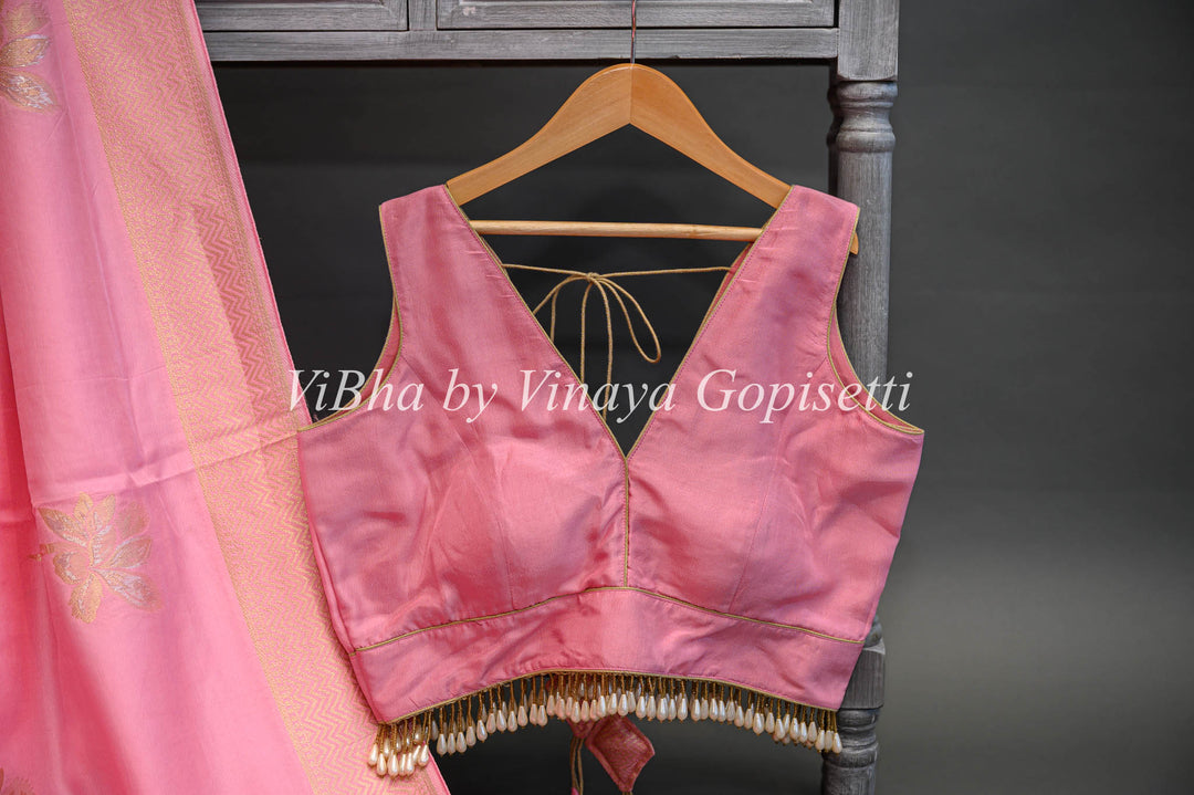 Pink Banarasi Silk Saree And Blouse With Flower Motifs