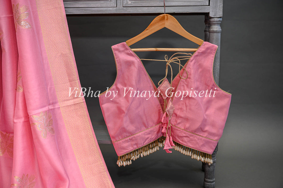 Pink Banarasi Silk Saree And Blouse With Flower Motifs