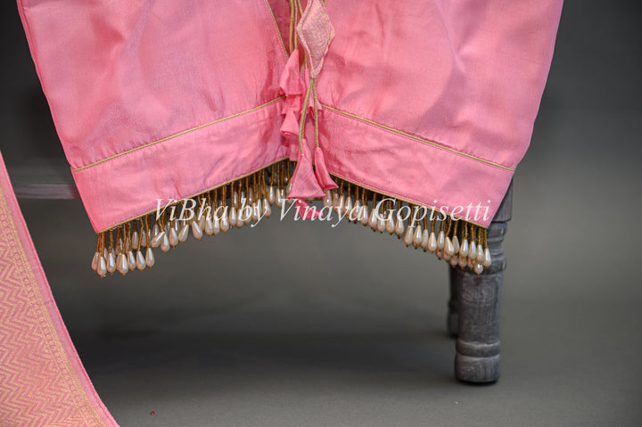 Pink Banarasi Silk Saree And Blouse With Flower Motifs