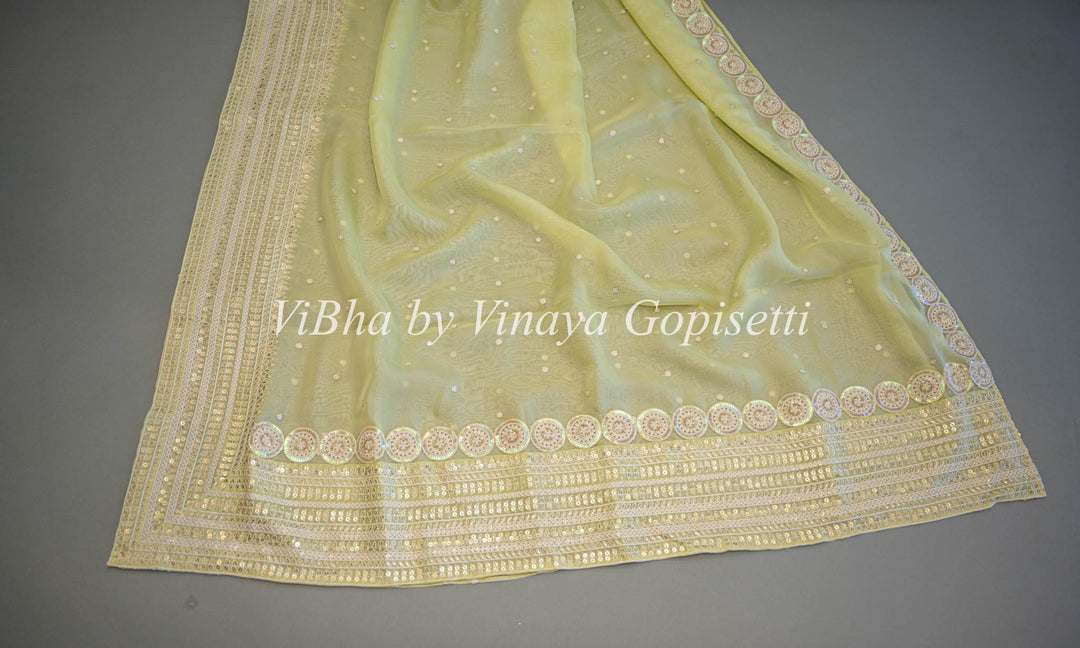 Pastel Green Soft Organza Embroidered Saree And Blouse