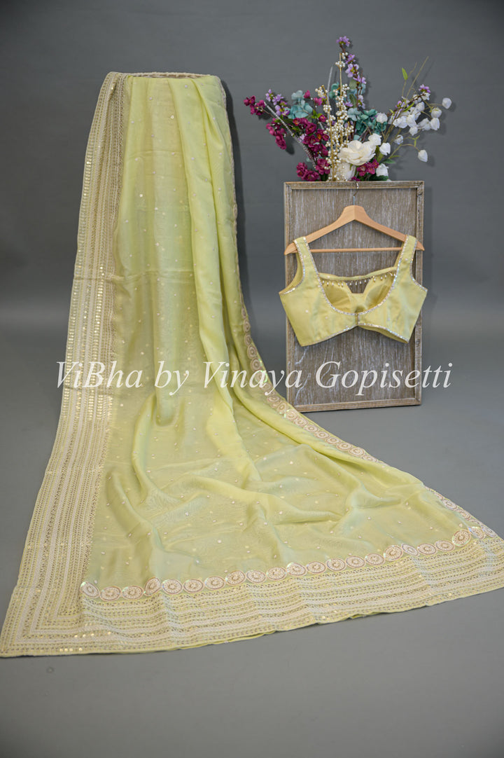 Pastel Green Soft Organza Embroidered Saree And Blouse