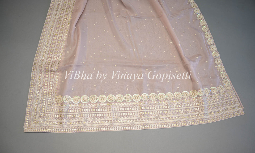 Pastel Mauve Soft Organza Embroidered Saree And Blouse