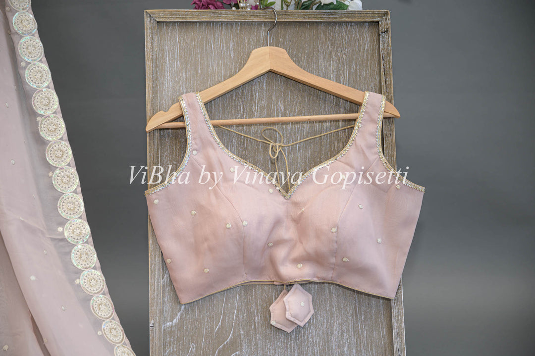 Pastel Mauve Soft Organza Embroidered Saree And Blouse