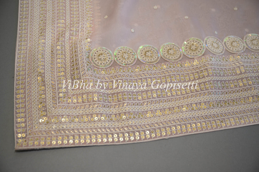 Pastel Mauve Soft Organza Embroidered Saree And Blouse