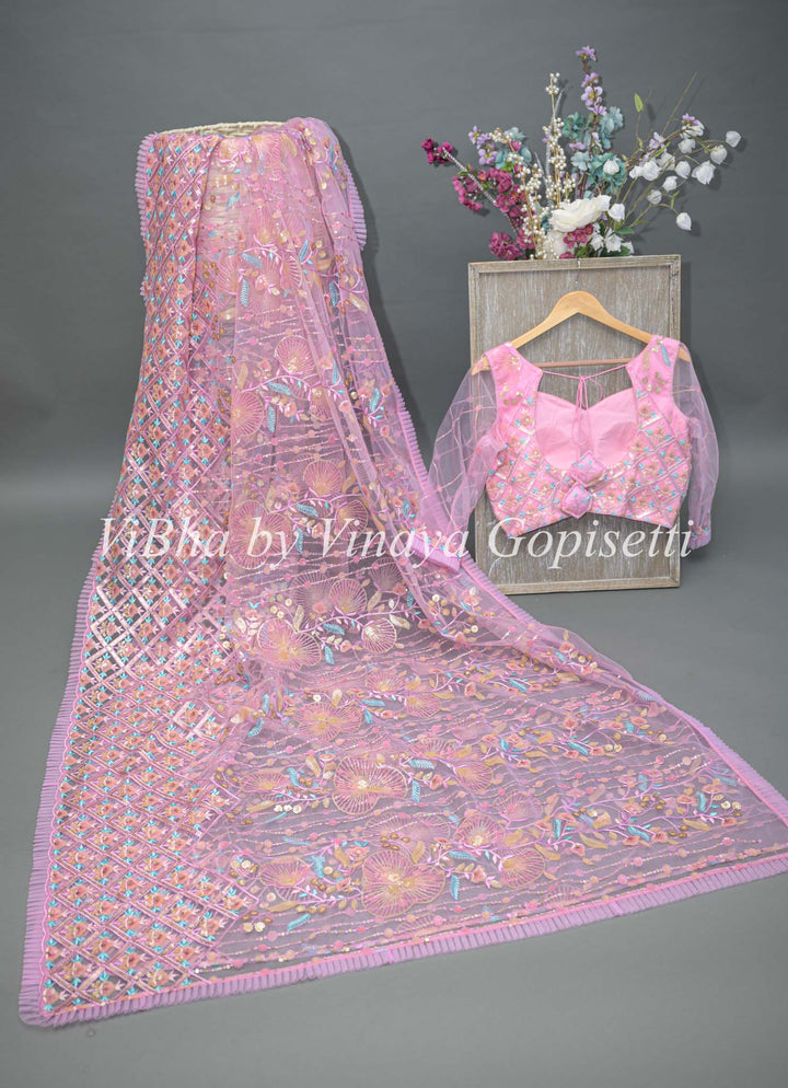 Pink Net Embroidered Saree And Blouse