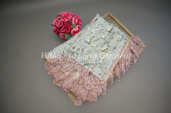 Pastel Blue And Mauve Georgette Sequins Ruffle Border Saree And Blouse