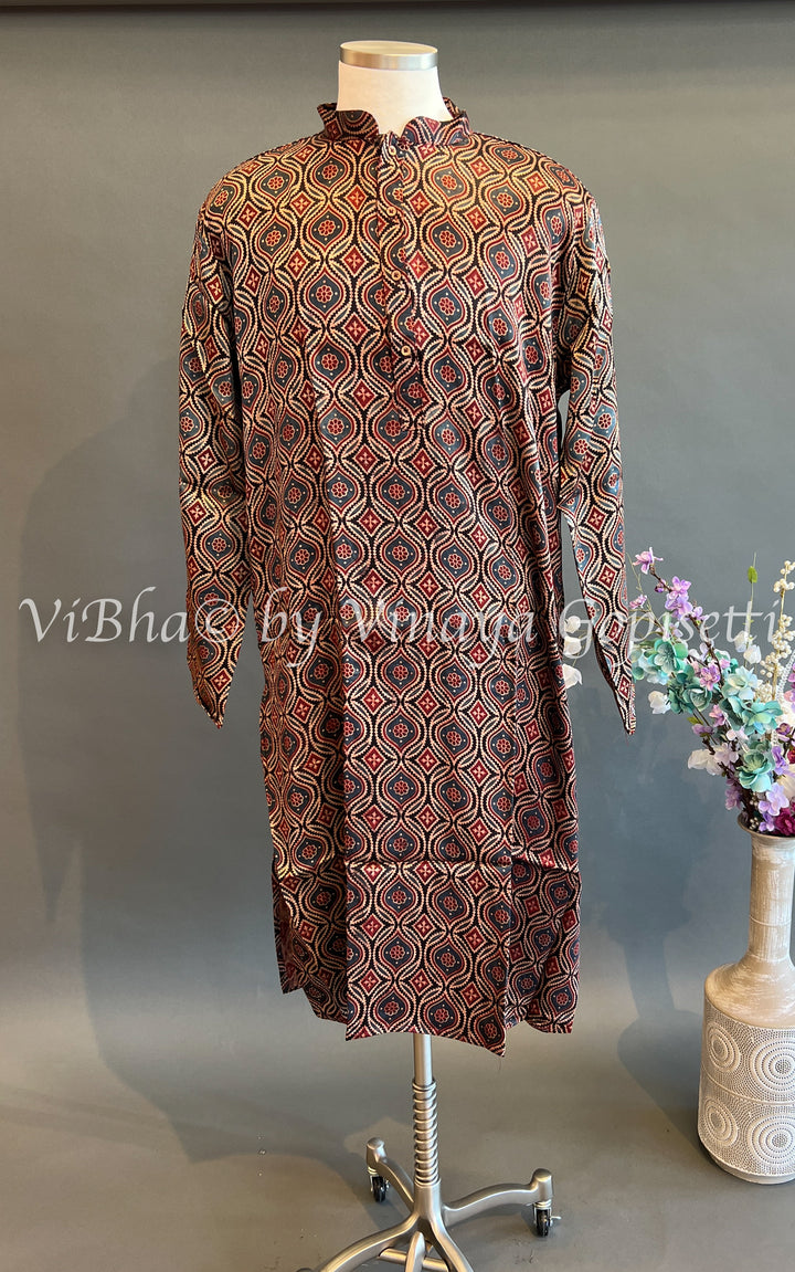 Black and Indigo Gaji Silk Ajrakh Kurta