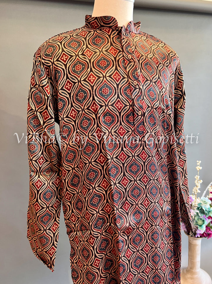 Black and Indigo Gaji Silk Ajrakh Kurta