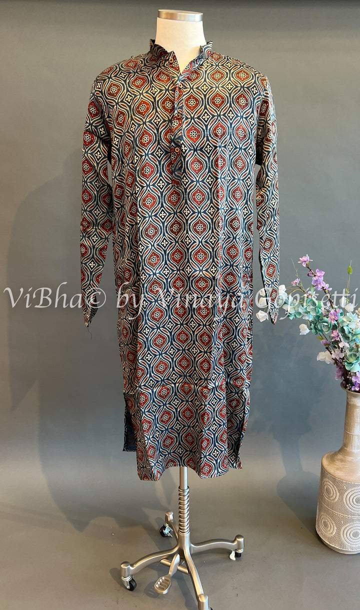 Indigo Gaji Silk Ajrakh Kurta