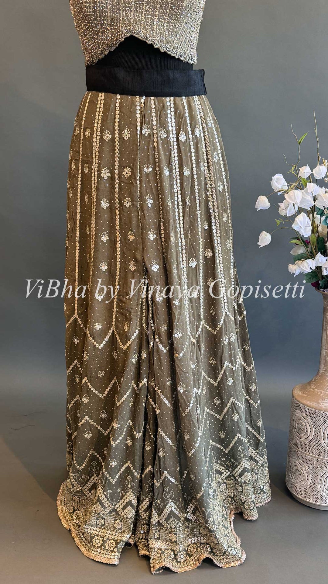 Olive color Sequins Embroidered Sharara with Crop Top and Choker Dupatta