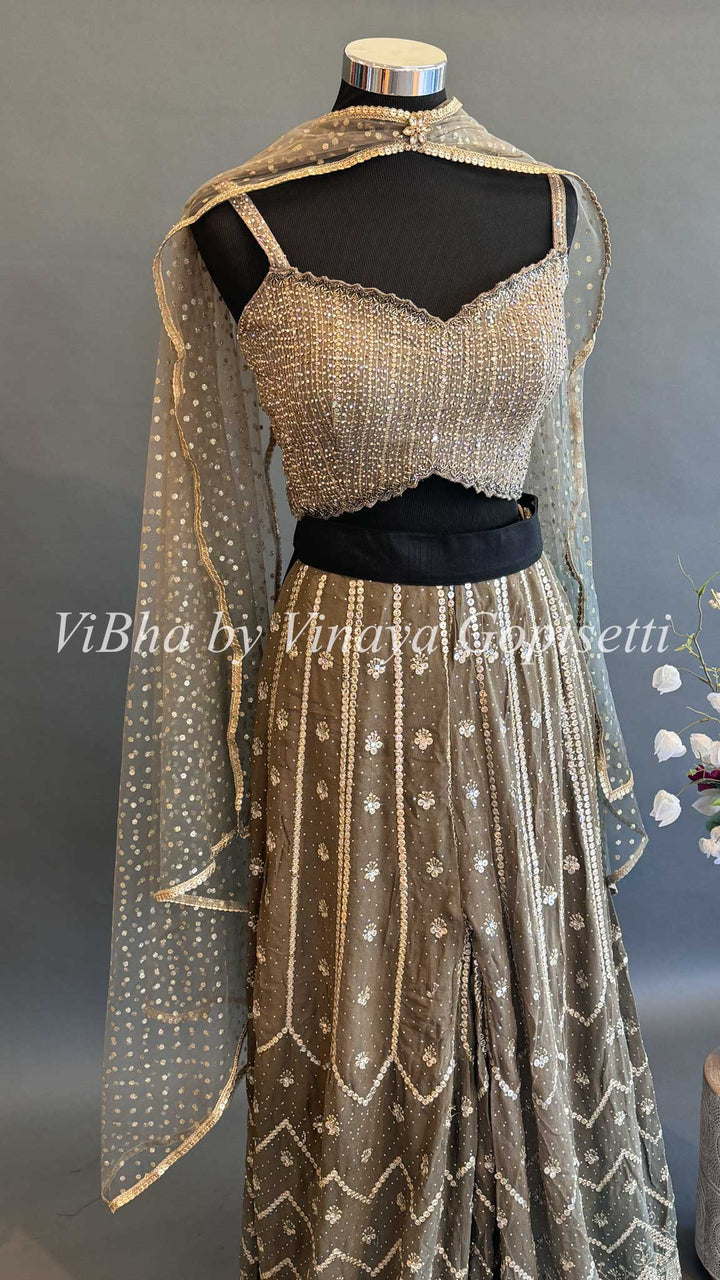 Olive color Sequins Embroidered Sharara with Crop Top and Choker Dupatta