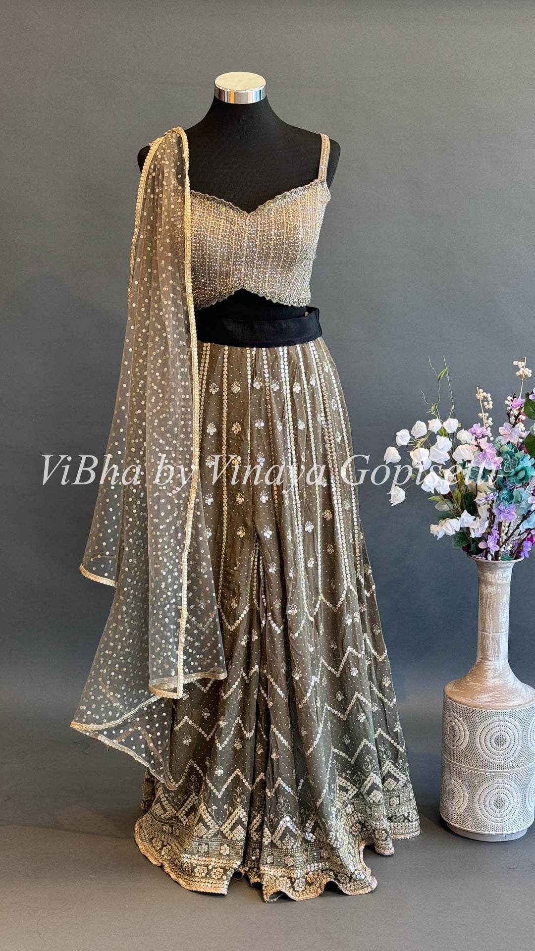 Olive color Sequins Embroidered Sharara with Crop Top and Choker Dupatta