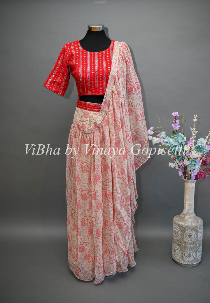 Red and Offwhite Floral Sharara Draped Saree