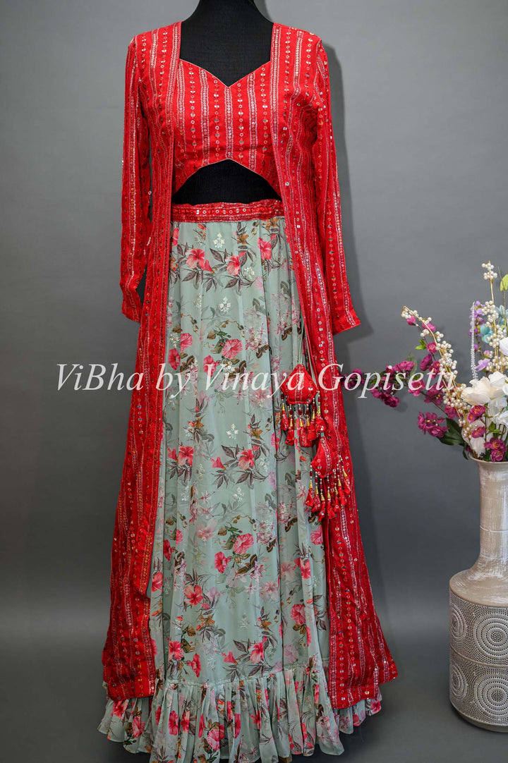 Green Floral Skirt With Red Embroidered Blouse and Jacket