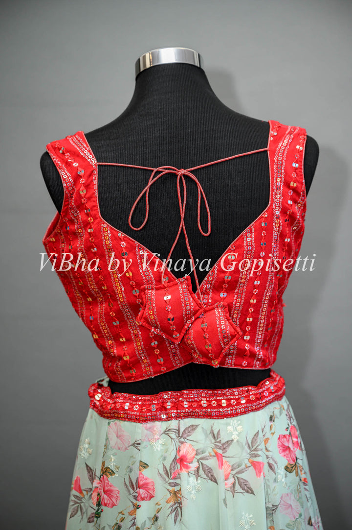 Green Floral Skirt With Red Embroidered Blouse and Jacket