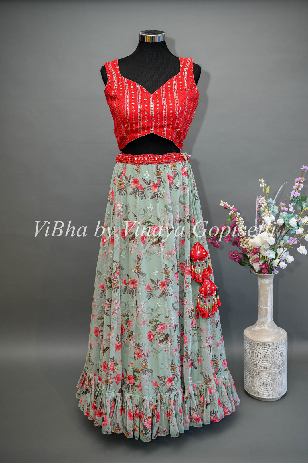 Sage Green Floral Skirt With Red Embroidered Blouse and Jacket