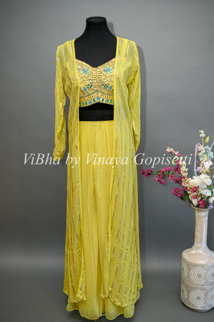 Yellow Palazzo With Embroidered Sleeveless Blouse And Detachable Jacket