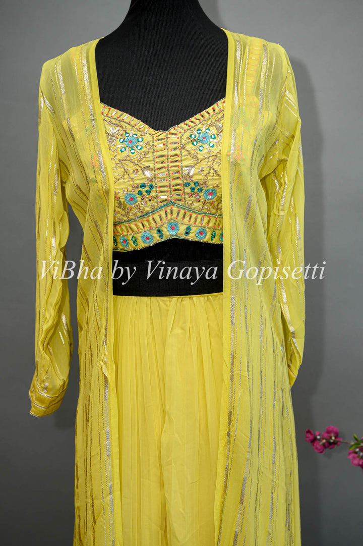 Yellow Palazzo With Embroidered Sleeveless Blouse And Detachable Jacket