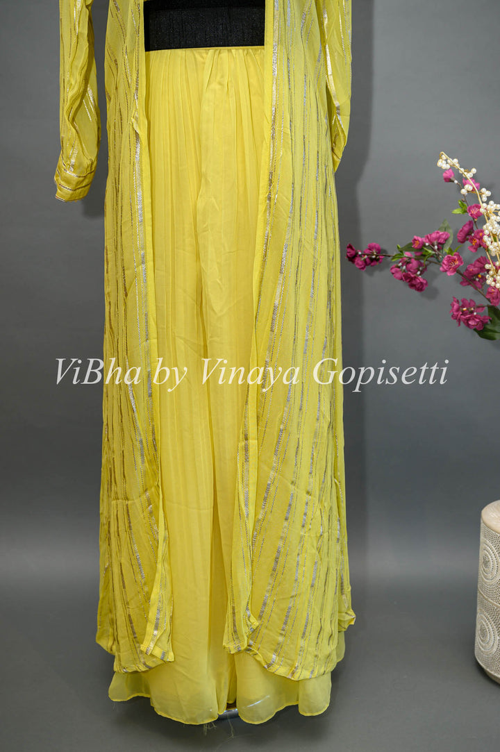 Yellow Palazzo With Embroidered Sleeveless Blouse And Detachable Jacket