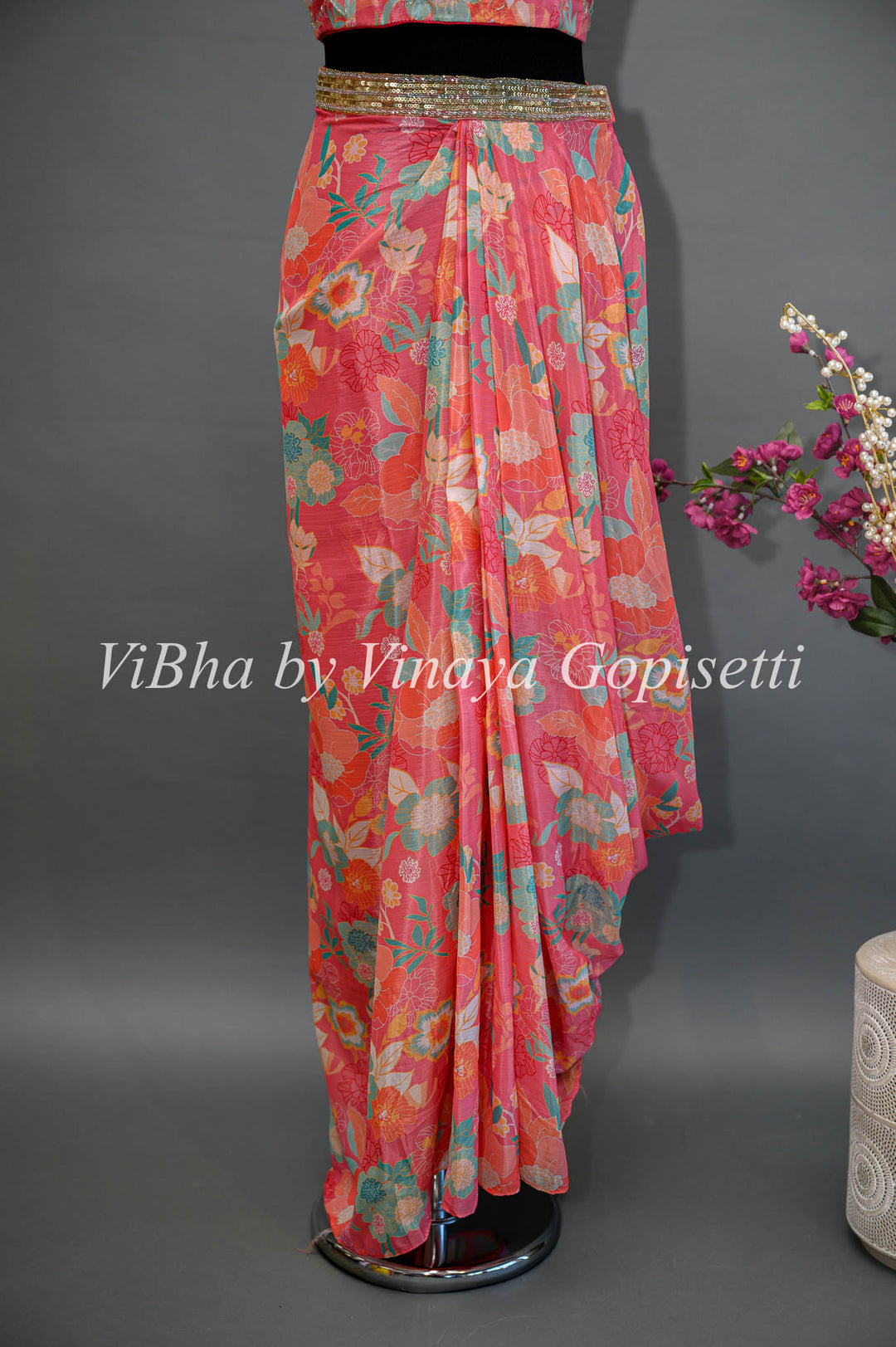 Dark Peach Pink Multi Floral Print Cowl Skirt With Detachable Cape