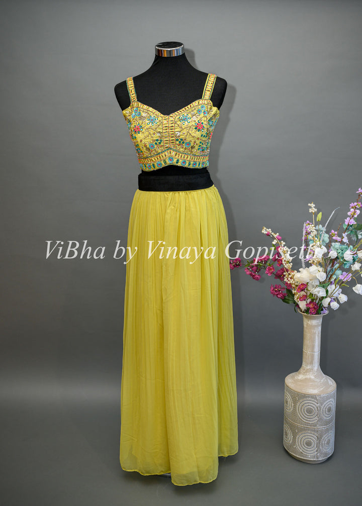 Yellow Palazzo With Embroidered Sleeveless Blouse And Detachable Jacket