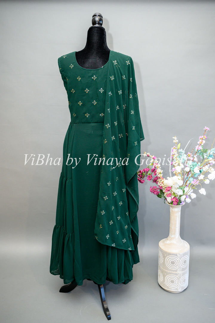 Dark Green Sequin Embroidered Front Slit Style Palazzo Set