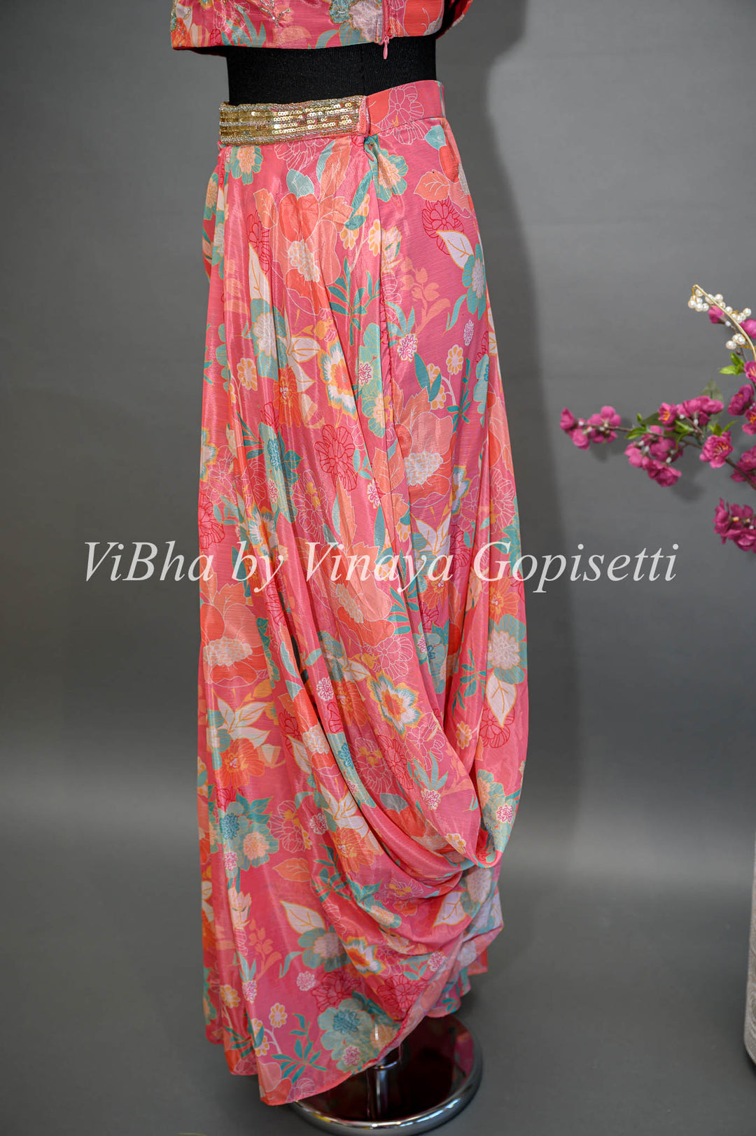 Dark Peach Pink Multi Floral Print Cowl Skirt With Detachable Cape