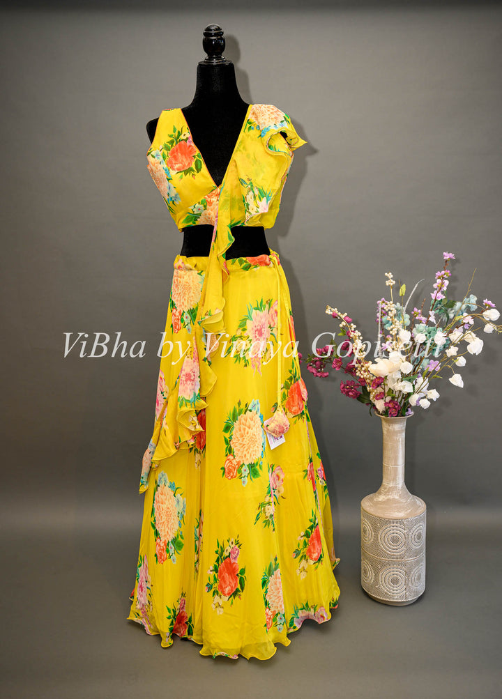 Yellow Floral Lehenga With Ruffled Dupatta