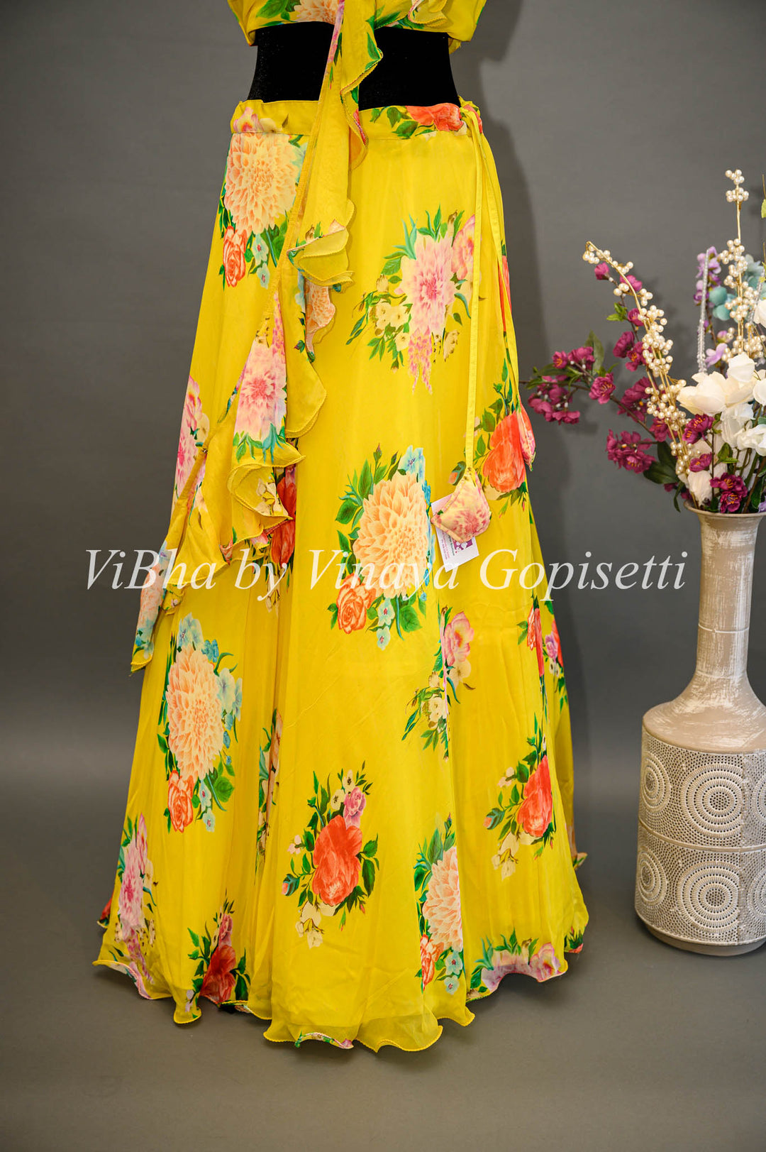 Yellow Floral Lehenga With Ruffled Dupatta