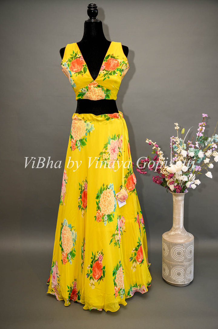 Yellow Floral Lehenga With Ruffled Dupatta