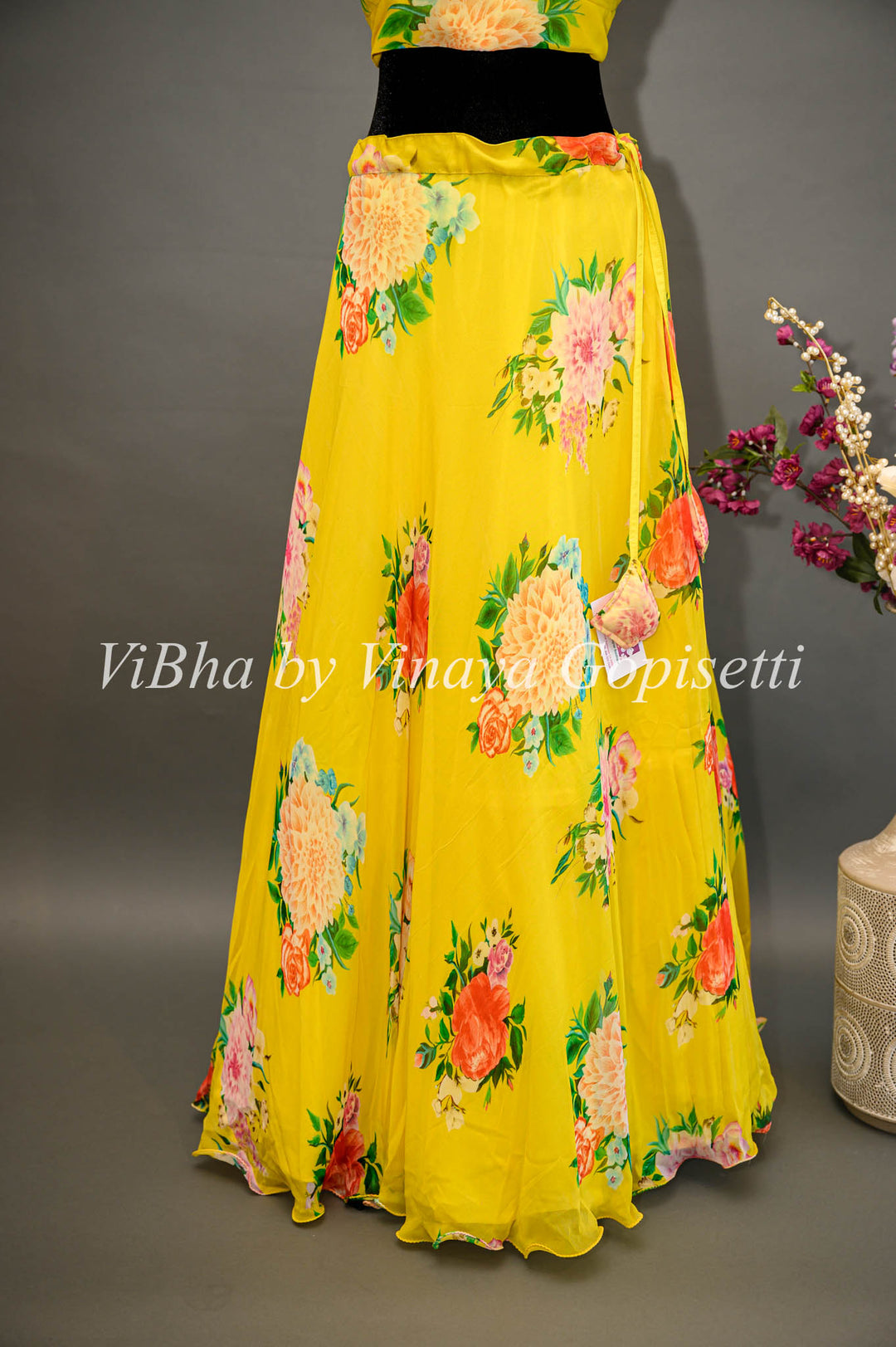 Yellow Floral Lehenga With Ruffled Dupatta