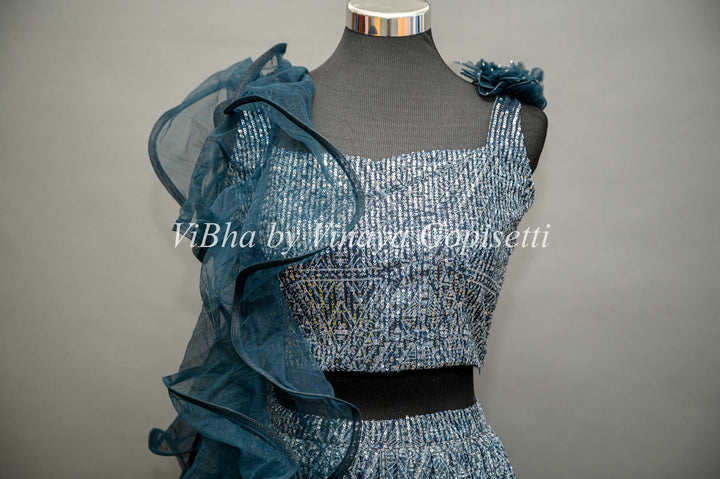 Dark Teal Blue Sequins Lehenga With Ruffled Dupatta