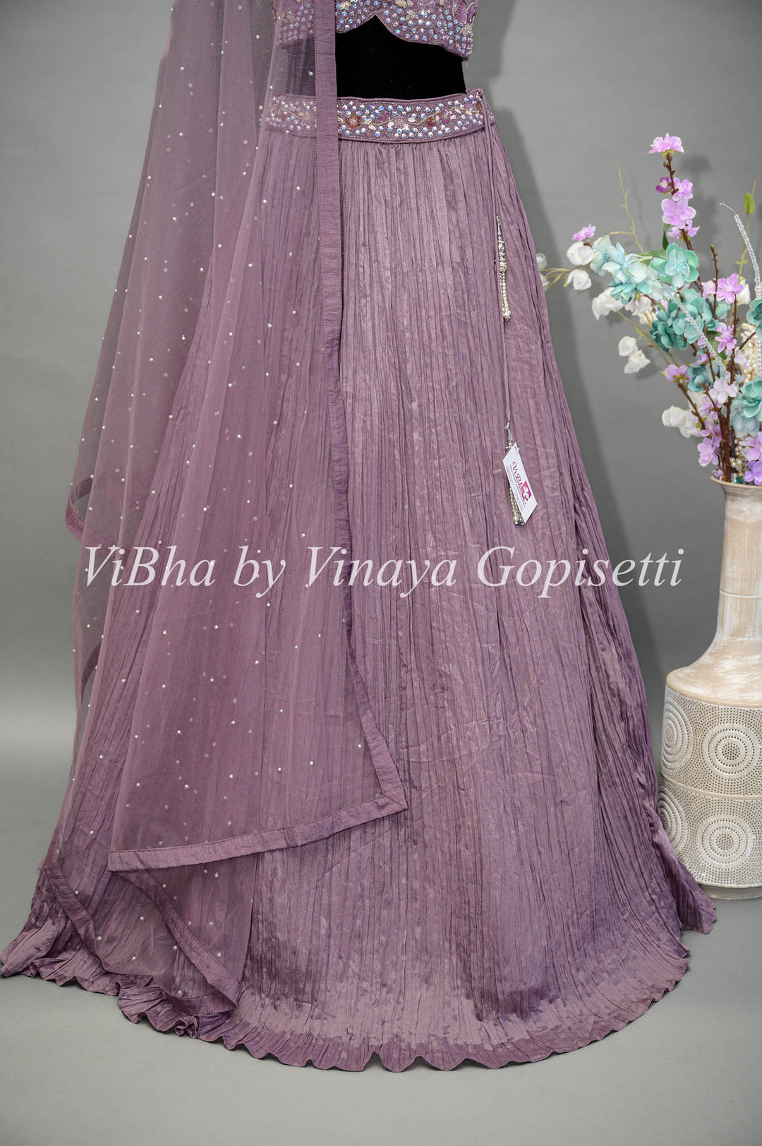 Light Purple Crushed Lehenga with Embroidered blouse and net dupatta