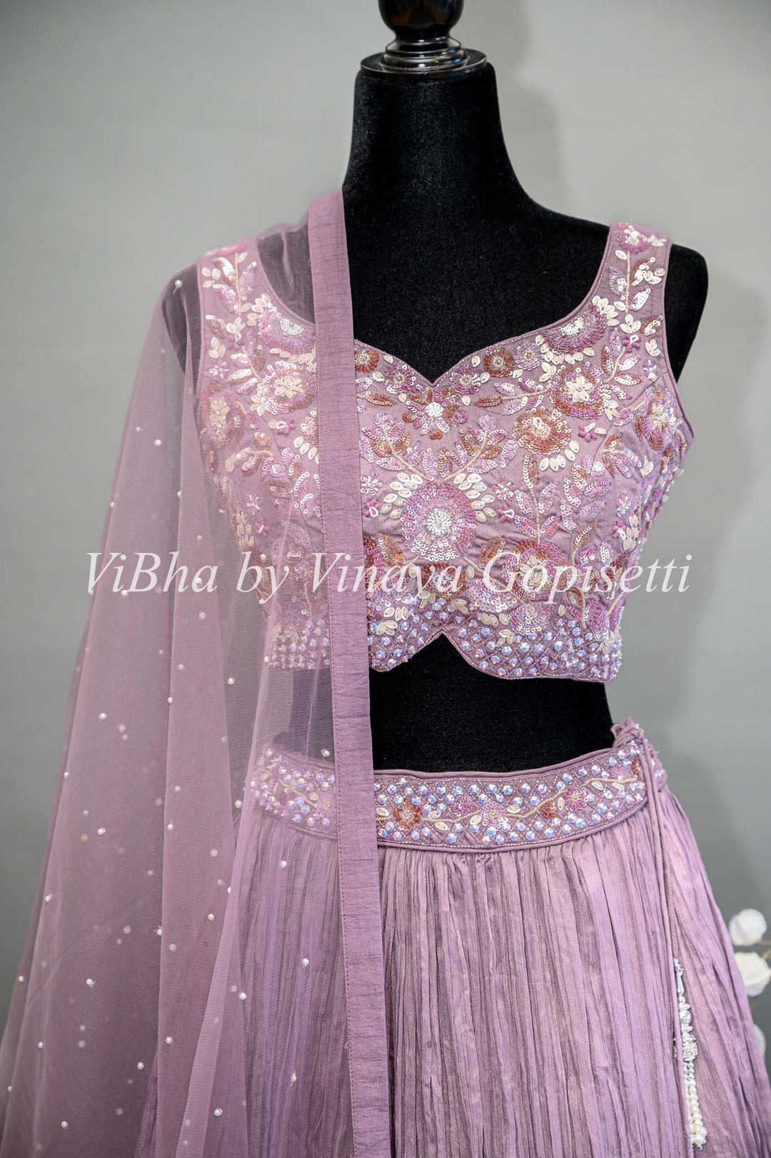 Light Purple Crushed Lehenga with Embroidered blouse and net dupatta