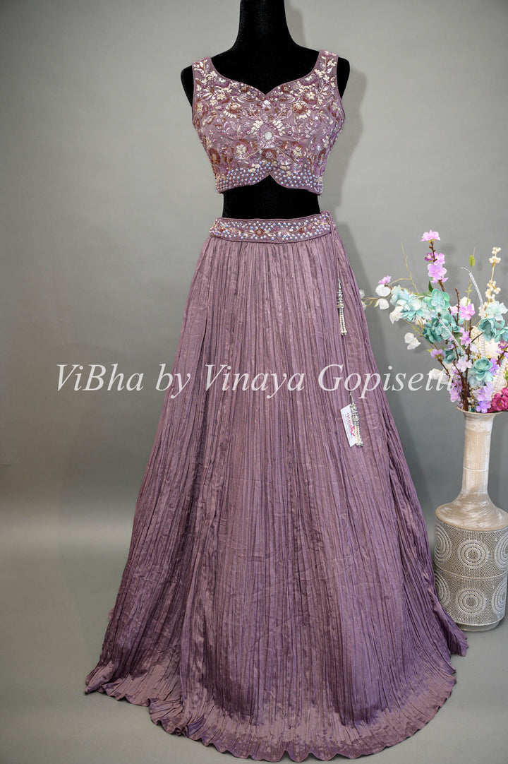 Light Purple Crushed Lehenga with Embroidered blouse and net dupatta