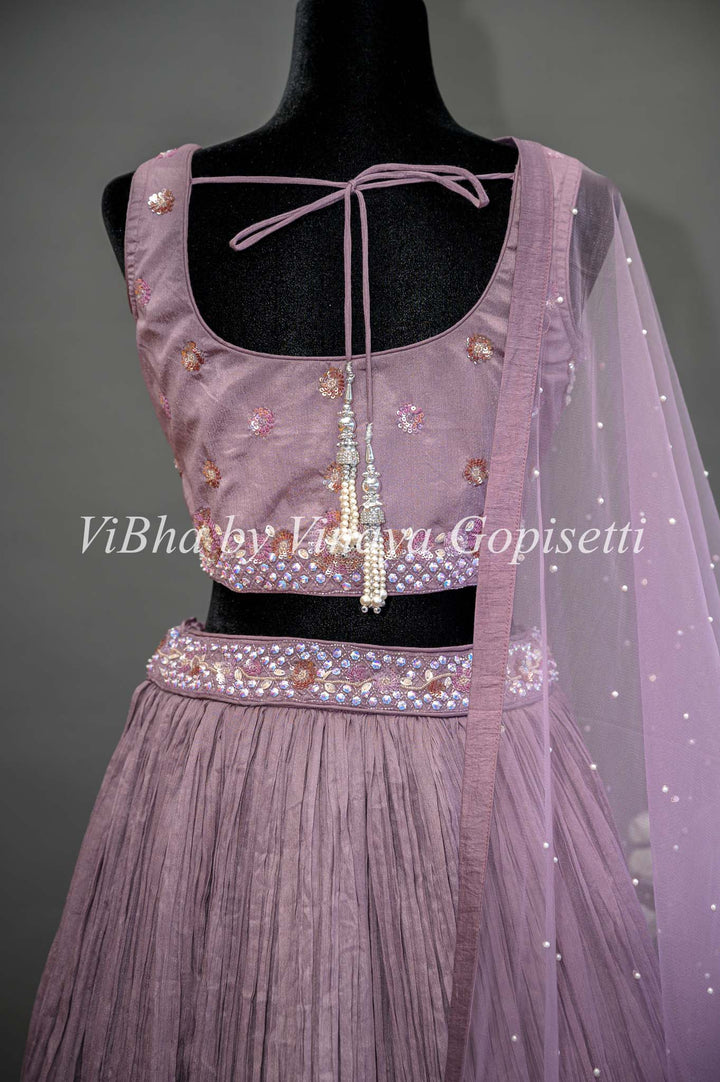 Light Purple Crushed Lehenga with Embroidered blouse and net dupatta