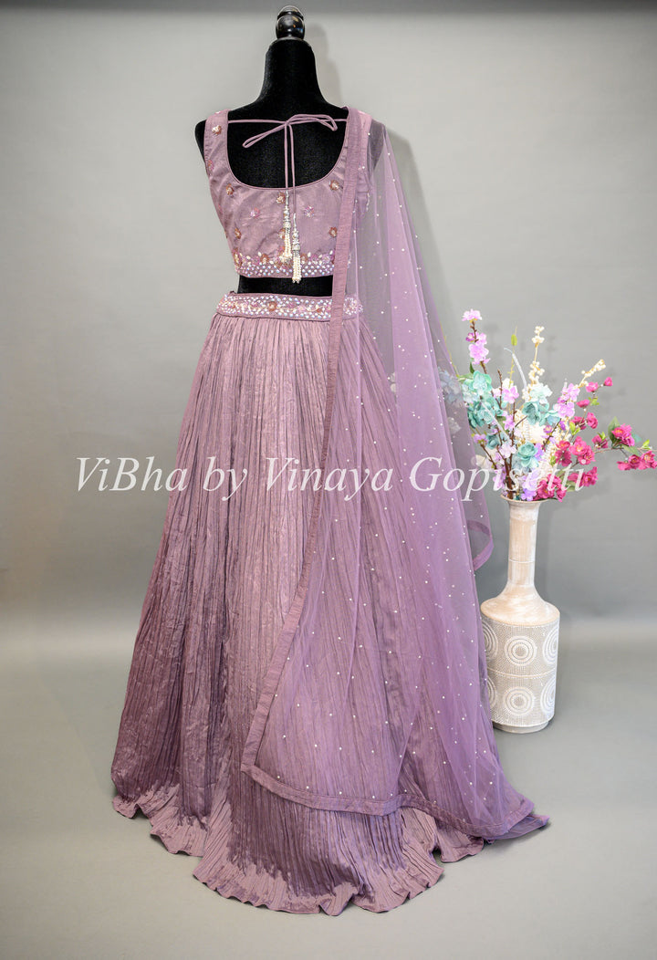 Light Purple Crushed Lehenga with Embroidered blouse and net dupatta