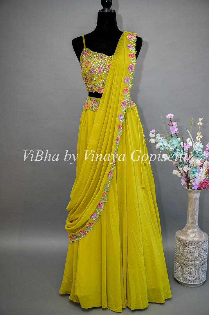 Citrus Green Lehenga with Embroidered Blouse and Draped Saree Dupatta