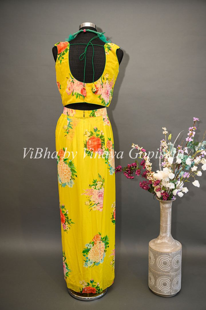 Yellow Floral Cowl Skirt with Detachable Cape and Frilled Stole