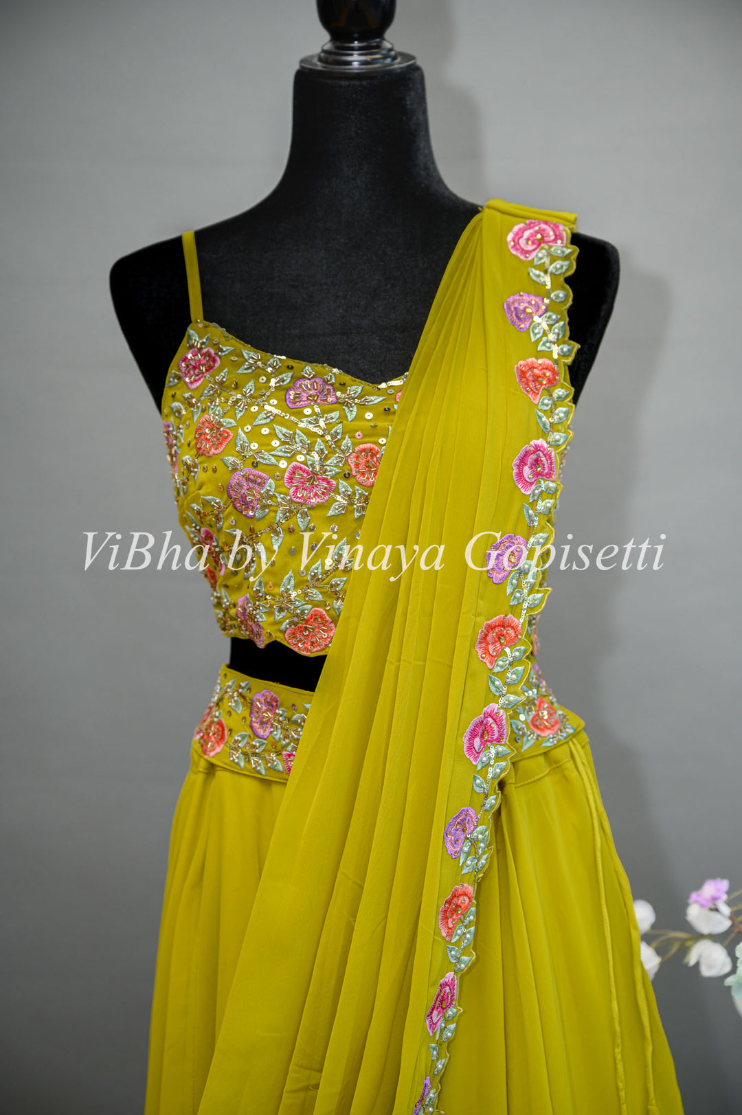 Citrus Green Lehenga with Embroidered Blouse and Draped Saree Dupatta