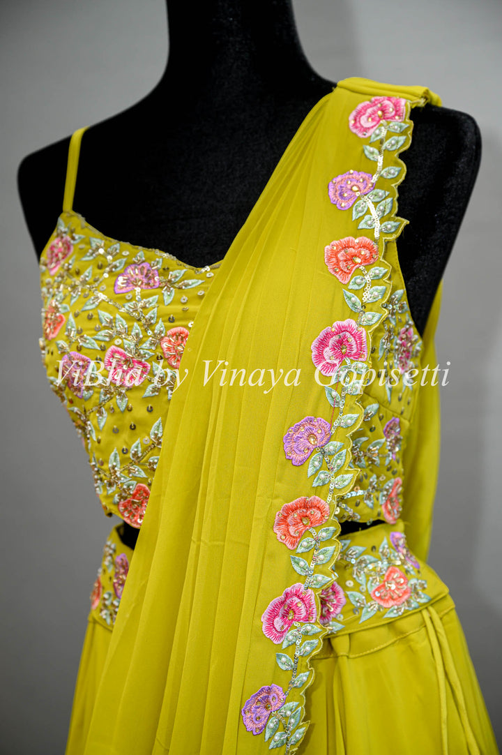 Citrus Green Lehenga with Embroidered Blouse and Draped Saree Dupatta