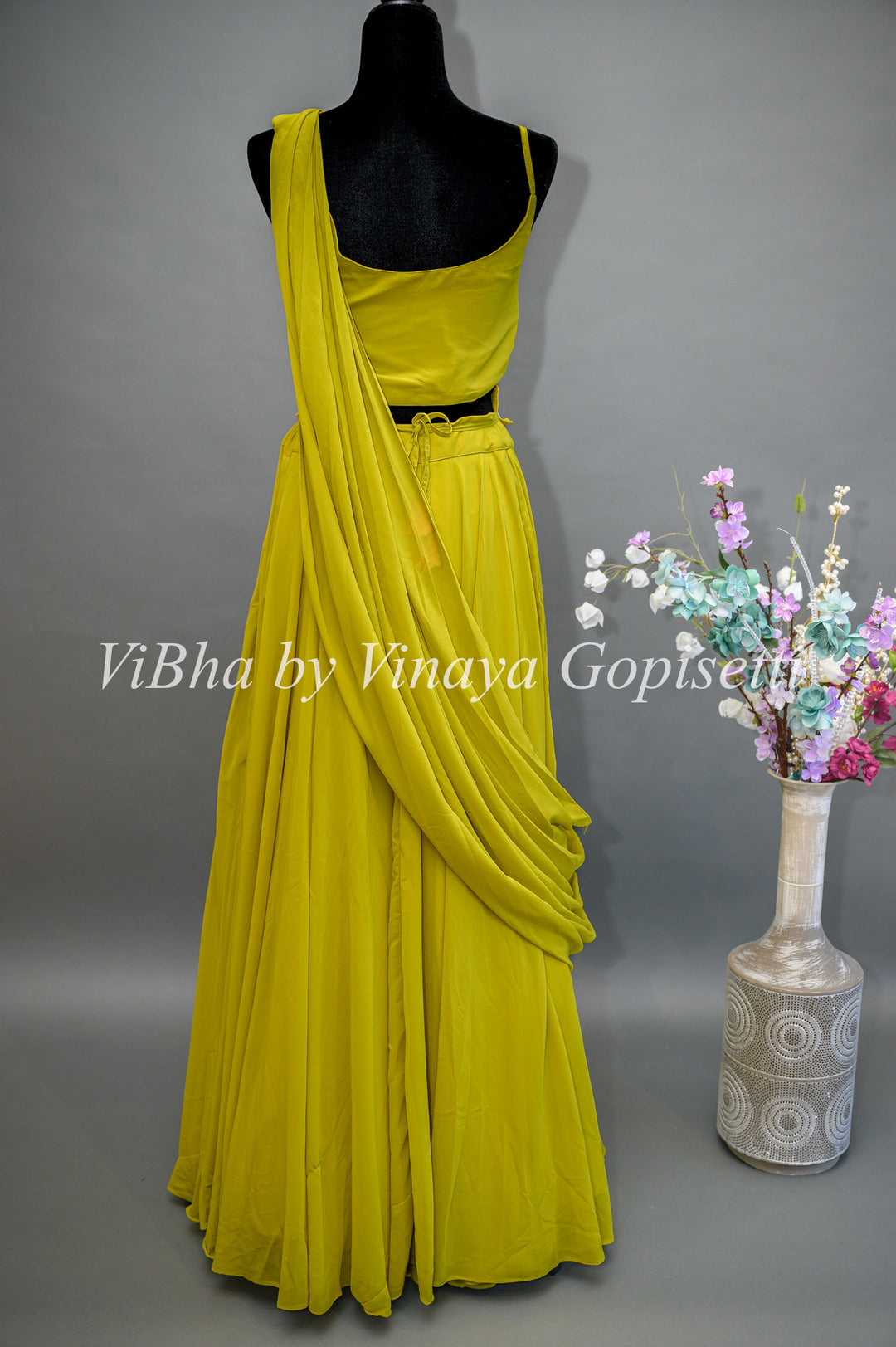 Citrus Green Lehenga with Embroidered Blouse and Draped Saree Dupatta