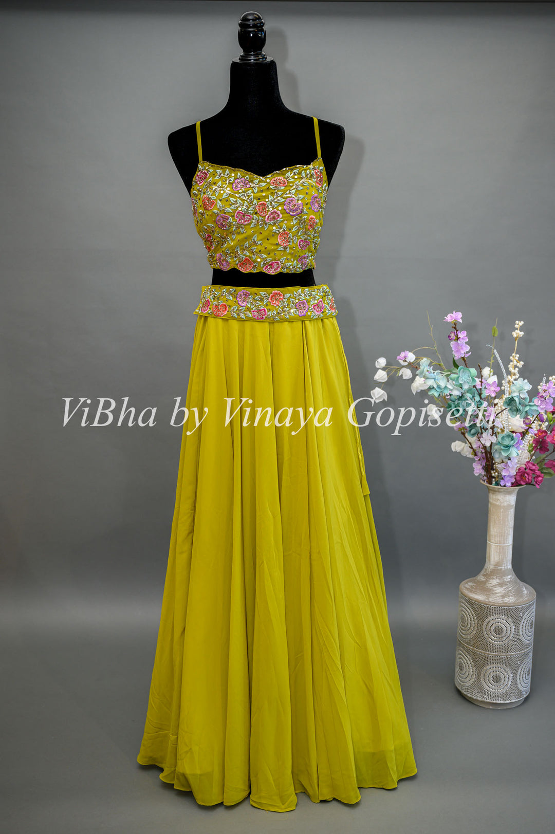 Citrus Green Lehenga with Embroidered Blouse and Draped Saree Dupatta