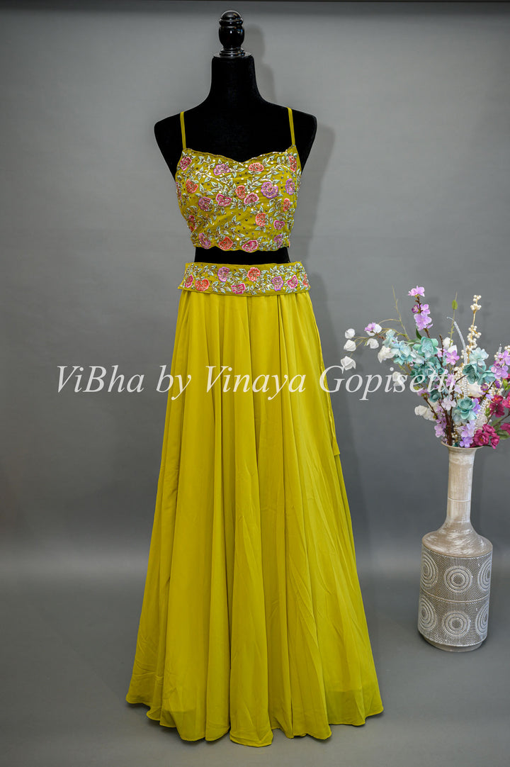 Citrus Green Lehenga with Embroidered Blouse and Draped Saree Dupatta